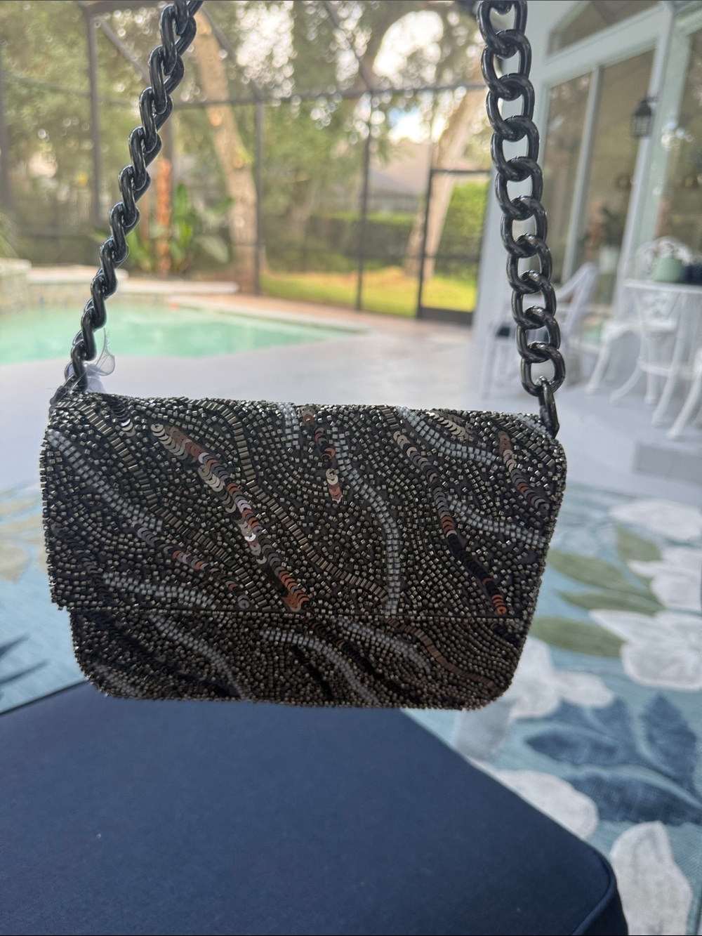 Black Beaded Chain-Handle Evening Clutch